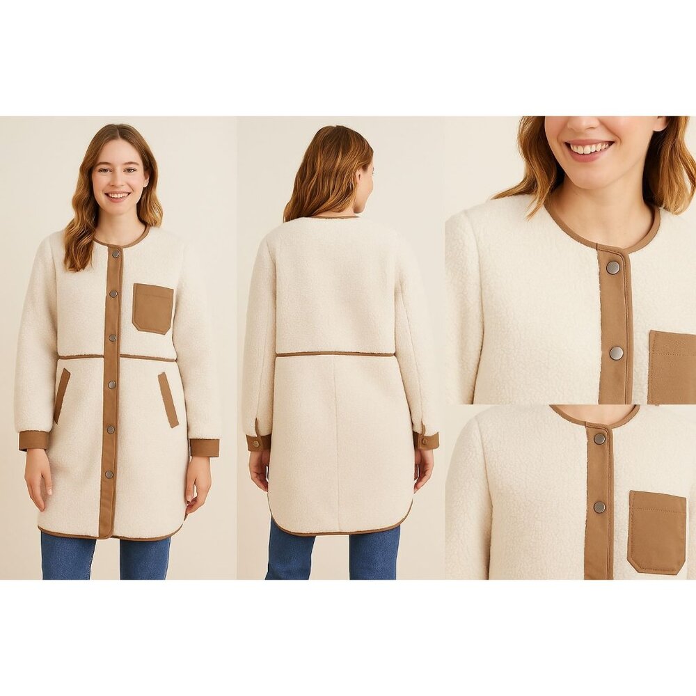 LOFT Sherpa Fleece Coat Womens XL Cream Tan Snap Front Longline NWT Cozy Winter